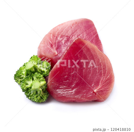 Fillet tuna fish with broccoli on white backgrounds 120418810