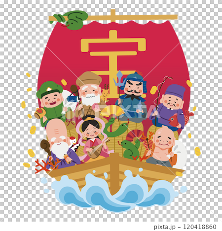 New Year's card material: Illustration of a snake and the Seven Lucky Gods riding a treasure ship 120418860
