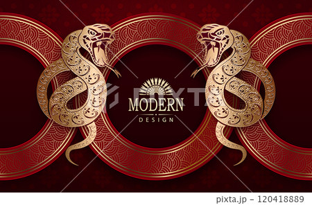 Chinese New Year 2025, round frame with isolated snakes, Asian elements in red and gold 120418889