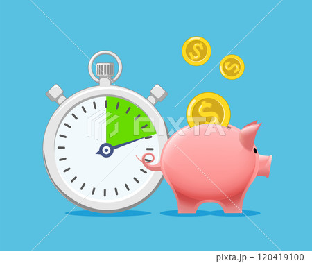 Piggy bank with coins next to clock. Piggy bank with coins next to clock. 120419100