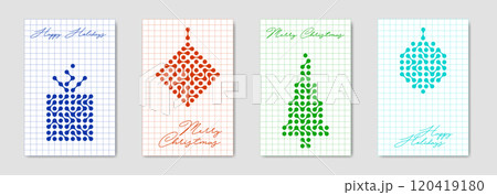 Set Christmas card in modern minimalist geometric style, colorful squared paper texture in kids drawing style. Happy New Year themed winter holiday invitations, vector creative abstract Xmas design  120419180