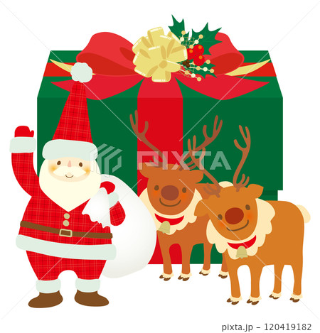 クリスマスプレゼントの前で微笑むサンタクロースとトナカイのベクターイラスト クリスマスプレゼントの前で微笑むサンタクロースとトナカイのベクターイラスト 120419182