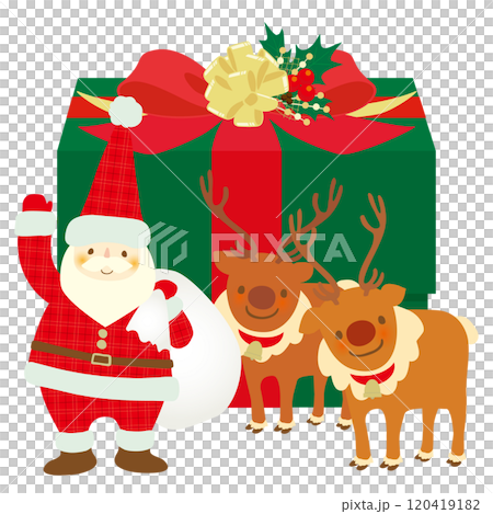 聖誕老人和馴鹿在聖誕禮物前微笑的向量圖 聖誕老人和馴鹿在聖誕禮物前微笑的向量圖 120419182