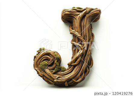 Bold rustic wooden capital letter J, aged oak wood, moss growing in crevices, white background 120419276