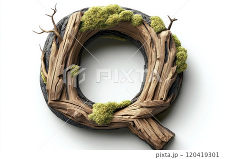 smooth bold wooden capital letter Q, aged oak wood, moss growing in crevices, white background 120419301