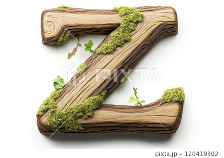 smooth bold wooden capital letter Z, aged oak wood, moss growing in crevices, white background 120419302
