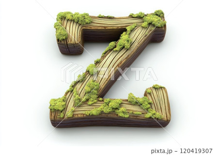 smooth bold wooden capital letter Z, aged oak wood, moss growing in crevices, white background 120419307