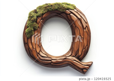 smooth bold wooden capital letter Q, aged oak wood, moss growing in crevices, white background 120419325
