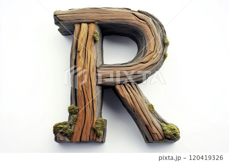 smooth bold wooden capital letter R, aged oak wood, moss growing in crevices, white background 120419326