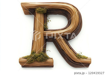 smooth bold wooden capital letter R, aged oak wood, moss growing in crevices, white background 120419327