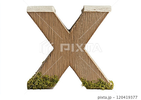 Bold rustic wooden capital letter X, aged oak wood, moss growing in crevices, white background 120419377