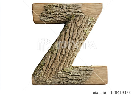 Bold rustic wooden capital letter Z, aged oak wood, moss growing in crevices, white background 120419378