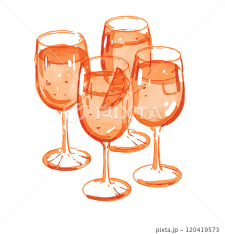 Aperol spritz orange illustration, vector hand drawn watercolor tropical alcoholic cocktail sketch.  120419573