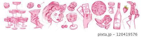 Coquettish cowgirl bachelorette party set, vector hand drawn western Vegas disco celebration icons.  120419576
