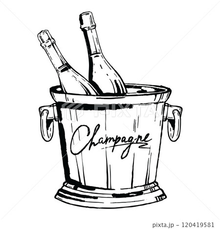 Champagne ice bucket, vector hand drawn cold alcoholic beverage icon, sparkling wine ink doodle.  120419581