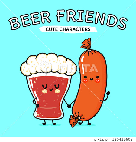 Cute, funny happy glass of beer and sausage. Vector hand drawn cartoon kawaii characters, illustration icon. Funny cartoon glass of beer and sausage mascot character concept 120419608