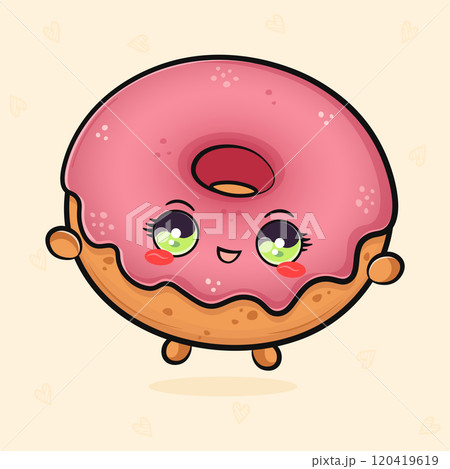 Cute funny jumping pink Donut. Vector hand drawn cartoon kawaii character illustration icon. Isolated on light green background. pink Donut concept 120419619