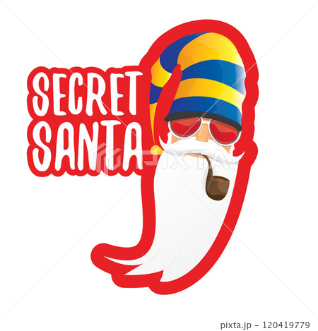 vector secret santa claus with sunglasses label or sticker isolated on white background. Secret santa gift png ideas concept illustration 120419779