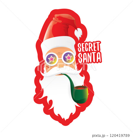 vector secret santa claus with sunglasses label or sticker isolated on white background. Secret santa gift png ideas concept illustration 120419789