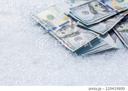 us dollar banknotes laid on the snow 120419800