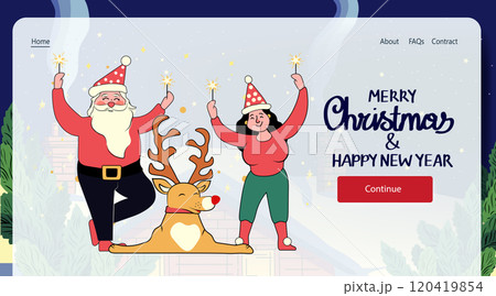 Santa and woman celebrate Christmas with reindeer festive scene holiday cheer red hats sparklers snowy background website design Santa and woman celebrate Christmas with reindeer festive scene holiday cheer red hats sparklers snowy background website design 120419854