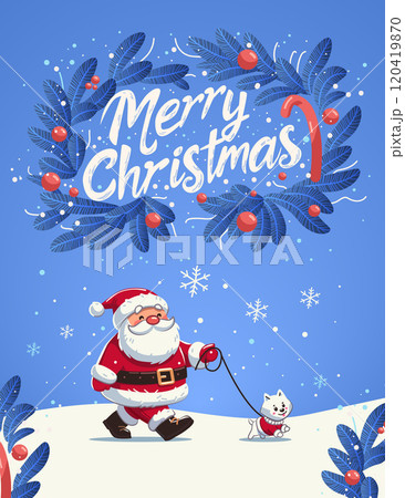 Santa Claus walking dog winter scene festive snowflakes blue background holiday foliage design template 120419870