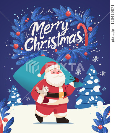 Santa Claus with sack and dog festive winter scene snowy landscape decorated trees blue foliage snowflakes holiday greeting card design 120419871
