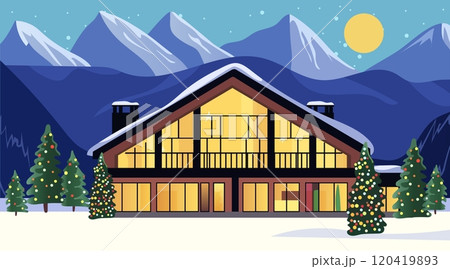 Modern chalet in snowy mountain landscape with Christmas trees and moonlit sky. Warmly lit windows create a cozy atmosphere. Winter holiday theme 120419893