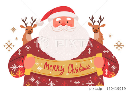 Santa Claus holding festive banner surrounded by reindeer and snowflakes in a cheerful holiday theme. Bright colors and playful design 120419919