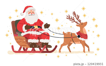 Santa sleigh reindeer festive winter scene cheerful holiday snowflakes gifts red suit Christmas design 120419931
