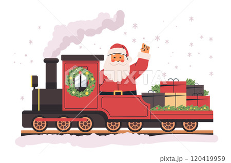 Santa on a festive train waving surrounded by gifts and snowflakes holiday theme colorful design 120419959
