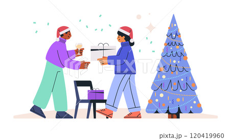 Christmas celebration gift exchange festive scene. Two people with presents near a decorated tree wearing Santa hats. Bright colors and cheerful atmosphere 120419960