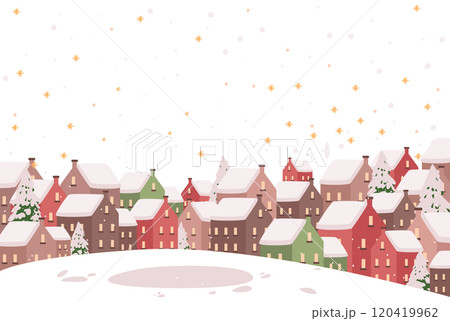 Winter village snowy landscape with colorful houses snow-covered roofs pine trees and falling snowflakes on white background. Holiday season theme 120419962
