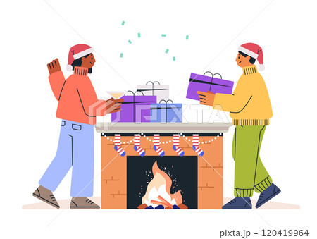 Christmas celebration friends exchanging gifts by fireplace festive atmosphere colorful presents holiday decor cozy winter scene home interior 120419964