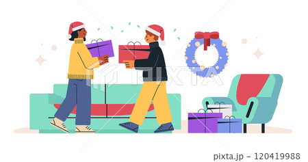 People exchanging gifts Christmas scene festive living room cozy atmosphere holiday decor sofa wreath colorful packages People exchanging gifts Christmas scene festive living room cozy atmosphere holiday decor sofa wreath colorful packages 120419988