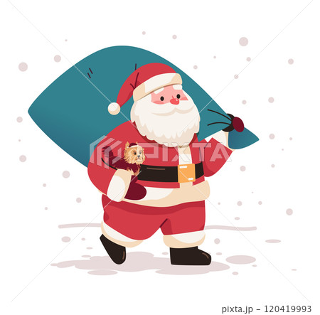 Santa Claus carrying a gift sack with a small dog in snowy background holiday theme cheerful festive design 120419993