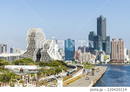 Overlooking view of the Pier-2 Art Center in the port of Kaohsiung, Taiwan. with the famous landmark Kaohsiung Music Center and 85 Sky Tower. 120420114
