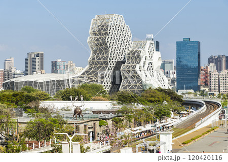 Overlooking view of Pier-2 Art Center with Kaohsiung Music Center in the port of Kaohsiung, Taiwan. 120420116
