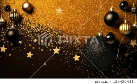 《AI画像》キラキラオーナメントで飾り付けられた黒と金の背景素材 120420431