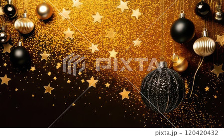 《AI画像》キラキラオーナメントで飾り付けられた黒と金の背景素材 《AI画像》キラキラオーナメントで飾り付けられた黒と金の背景素材 120420432