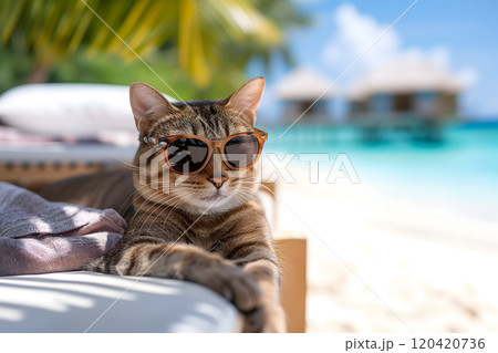 tabby cat with sunglasses laid on tropical beach tabby cat with sunglasses laid on tropical beach 120420736
