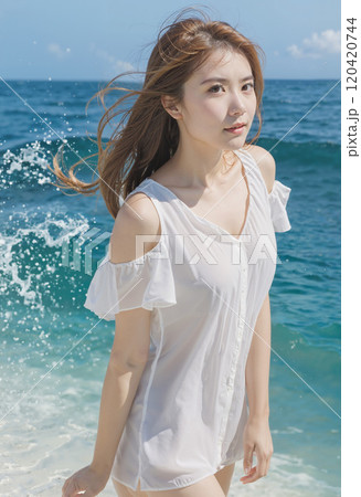 ビーチにいる女性 120420744