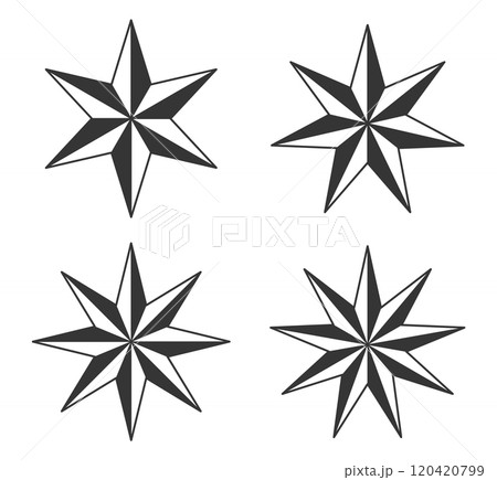 Nautical star icon symbol set. 6, 7, 8 and 9 horns nautical stars logo sign collection. Wind rose. Vector illustration. Isolated on white background. Nautical star icon symbol set. 6, 7, 8 and 9 horns nautical stars logo sign collection. Wind rose. Vector illustration. Isolated on white background. 120420799