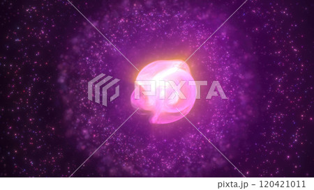 Pink and purple glowing nebula sphere with a swirling core, surrounded by particles, set in a fantasy-like cosmic atmosphere background 120421011