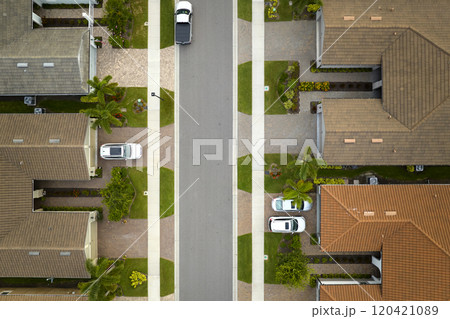 View from above of densely built residential houses in closed living clubs in south Florida. American dream homes as example of real estate development in US suburbs 120421089