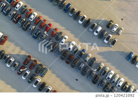 View from above of dealers outdoor parking lot with many brand new cars in stock for sale. Concept of development of american automotive industry 120421092