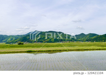 国道9号線から見える田んぼの水面に山並みが映り込む風景　山口県山口市阿東徳佐上 120421104