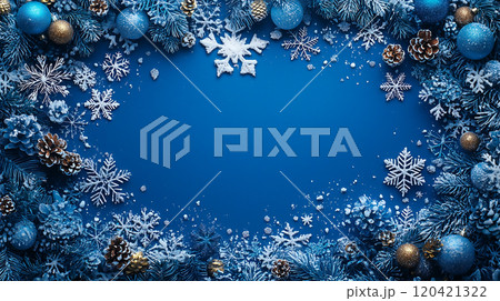 Festive winter background with blue ornaments, snowflakes, and pinecones, creating cheerful holiday atmosphere. Perfect for seasonal greetings and decorations 120421322