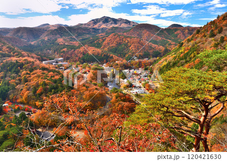 栃木県那須塩原市　秋の紅葉に染まる塩原温泉の風景 120421630