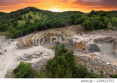 Sand open-pit mining quarry with processing plant for crushed stone. Extracting of natural resources for construction industry 120421751